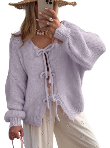 Image of chouyatou Women's Cute Bow Knot Cardigan Fall Casual Oversized Ribbed Knit Sweater Cardigan Tops