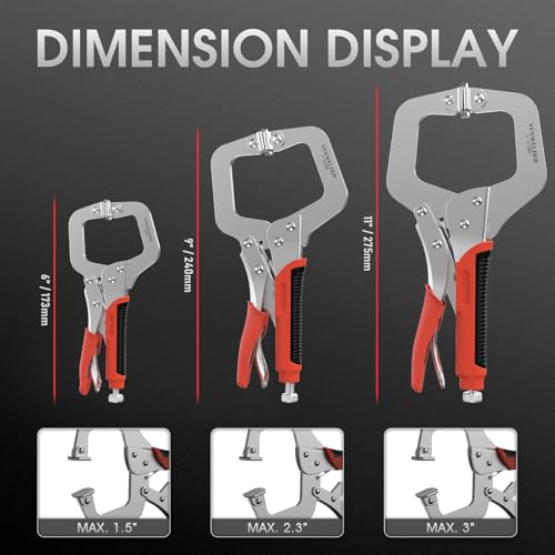 Image of YESWELDER C-Clamp Set of 3 Sizes (6, 9, 11 inches) - Robust Design, Heat-Treated Jaws, Chrome-Plated Alloy Steel for Reliable Home or Workshop Use, Red