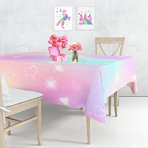 Iridescent Heart Tablecloths 54"X108" Colorful Pastel Love Heart Fabric Table Cover For Valentines Birthday Bachelorette Wedding Bridal Shower Macaron Rainbow Unicorn Theme Outdoor Picnic Party Decor #TOP17