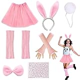 Disfraz de conejo para mujer, conjunto con orejas, cola, guantes y más, ideal para Halloween, fiestas temáticas y carnavales, diseño clásico en blanco y rosa
