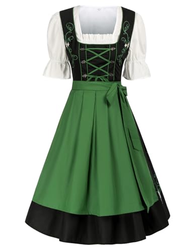 JASAMBAC Women's German Dirndl Dress Costumes, 3 Pieces for Oktoberfest Carnival, Green Halloween Outfits, L