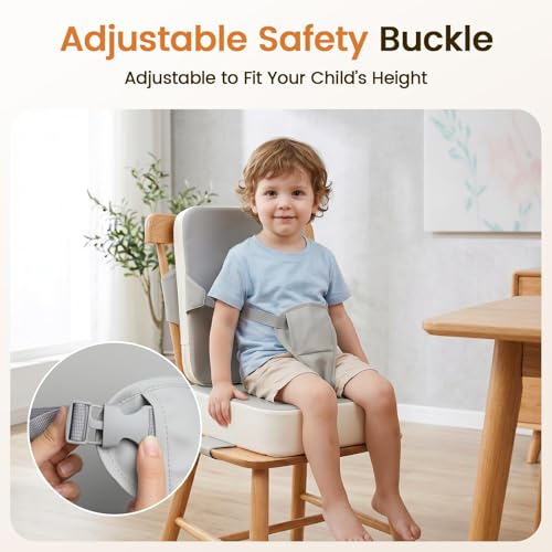 Image of Booster Seat for Kitchen Chair for Toddlers | Toddler Booster Seat for Dining Table with Backrest & Adjustable Straps, Non-Slip Portable Travel Cushion, Gray White