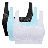 Vertvie Womens Strech Ohne Buegel Push up Yoga Sports BH Bra Top Set Fuer Fitnesstraining Polsterung 3er Pack (EU L/Tag XL, Schwarz + Weiß + Blau)