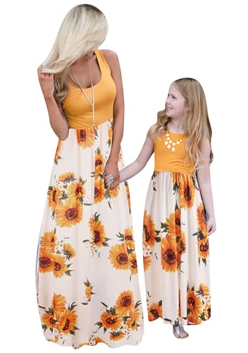 EFOFEI Dame Lässige Boho Ärmellos Spleißen Strand Kleid Kinder Mädchen Blumen Kleid Familien Kleidung Mutter Kinder Kleider Gelbe Blume S
