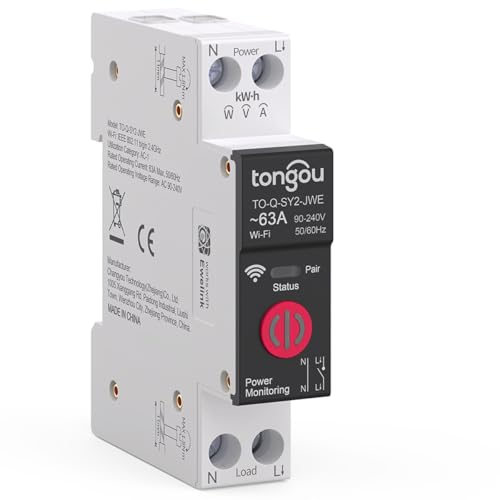 TONGOU 63A Interruttore su Guida DIN Interruttore Smart WIFI Telecomando per Telefono Cellulare Senza Fili Contatore Energia Elettrica，Misuratore Consumo Elettrico，Contatore di Corrente con GuidaDIN