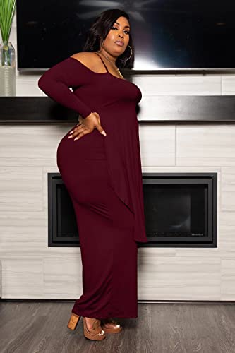 Women Plus Size 2 Piece Outfits Strap Off Shoulder Flowy High Low Tops Wide Leg Palazzo Pants Jumpsuit Beach Wine
