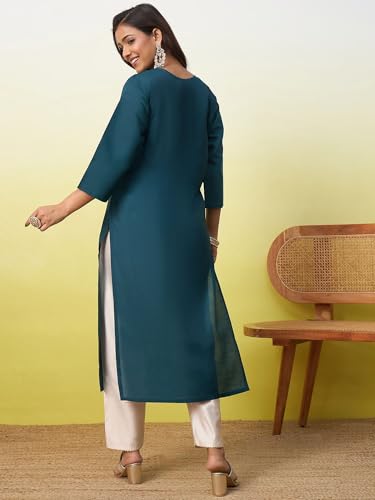 Image of Women's Silk Blend Embroidery Straight Kurta | Ethnic Kurtas for Women | Kurtis for Women Festive, Casual Office Wear Ethnic Kurta for Women
