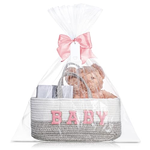 Beeveer Personalized Baby Basket Custom Diaper Caddy Organizer with Bow Portable Cotton Rope Basket Storage for Nursery Baby Shower Christmas Gifts(Pink)