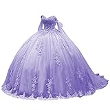 Ftupza Long Tulle Sweet 16 Quinceanera Dresses Puffy Lace Appliques Ball Gowns for Women Off Shoulder Prom Dresses with Train Lavender Pettie Size