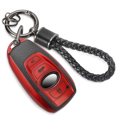 Image of Key Fob Cover for Subaru, Braided Loop Keychain Accessory, Red | Wear-resistant TPU shell, short PU braided loop, daily splash, scratch and drop protection, normal signal use, easy setup