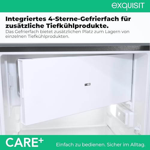 Exquisit CARE+ Kühlschrank mit Gefrierfach | 121 l, leise 39 dB, Energieklasse E | einfache Bedienung, gut ablesbar, hoher Komfort | LED-Beleuchtung, Glasablagen | KS16-4-HEA-090E inox