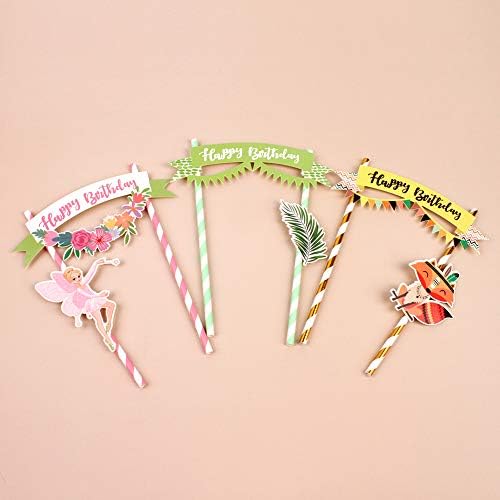Blumomon 1Pc Pink Flower Fairy Cake Topper Happy Birthday Banner Flower Fairy Cake Bunting Topper Baby Shower Cake Decoration Girl Birthday Party Forest Theme Party Supplies