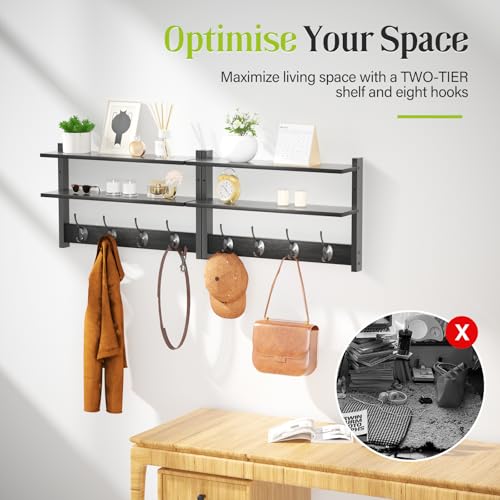 Orapoke 2 Tier Coat Rack Wall Mount with Shelf, 33" Wall Shelf with Hooks, Entryway Key Holder for Wall with 8 Heavy Duty Double Hooks, Coat Hook Wall Mounted for Bedroom, Living Room, Black - image 4