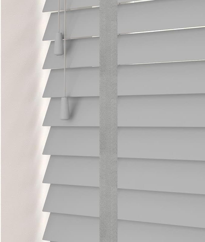 Funky Gadgets Faux Wood Blinds Window Venetian Blinds with Strings and THE OTHER with TAPE Window Blinds Smooth 50mm Slats TRIMMABLE Easy Fit Home Office (Grey With Tape, 124cm width x 150cm drop)