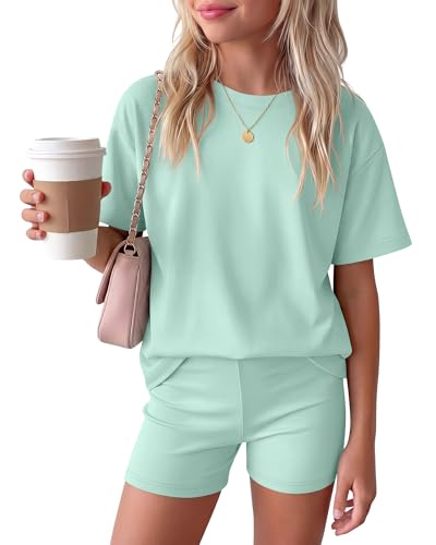 Image of Oakgarden Summer Outfits for Girls 5-14Y Athletic Casual Sets Kid Short Sleeve Shirt Bike Shorts 2 Piece Tween Trendy Clothes