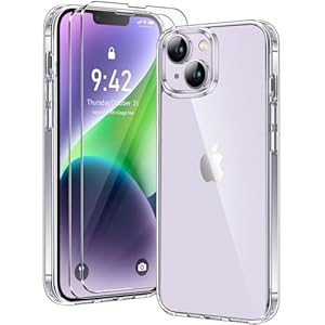 Fiyoarbb Clear Case for iphone 14 with 2 Pack Tempered Glass Screen Protector, Non-Yellowing Shockproof Phone Bumper Cover, Hard PC Anti-Scratch Clear Back (Clear)