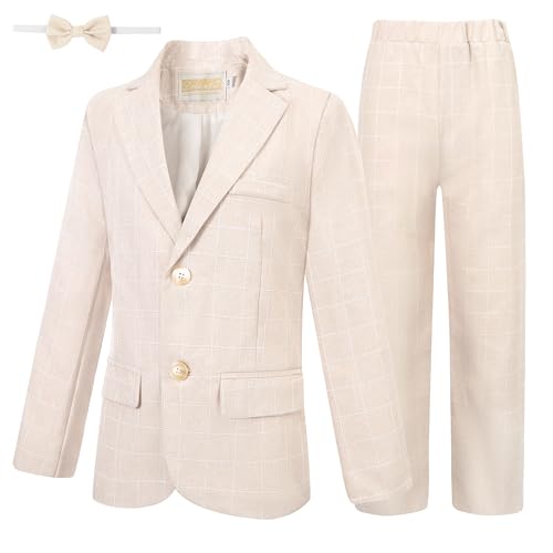 Image of LOLANTA Boys Suit Wedding Ring Bearer Outfit Kids Formal Wear Dress Clothes | Boy 3-Piece Plaid Suits, Sport Coat Blazer and Pants Set with Adjustable Bow Tie, Gentleman Birthday Party Graduation Outfits