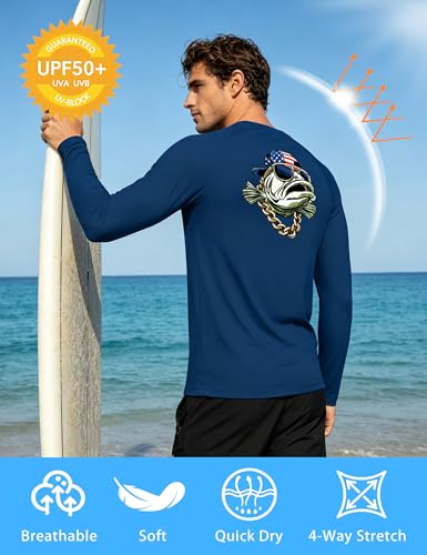 Image of Men's Rash Guard Long Sleeve, UPF 50+ UV Protection Sun Shirt, Quick Dry Lightweight T-Shirt for Fishing Swim Surf