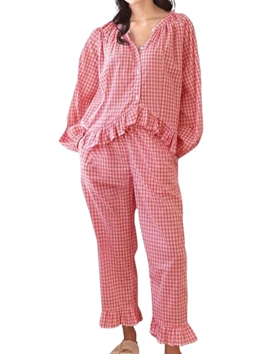 Womens Gingham Pajama Set 2 Piece Long Sleeve Babydoll Shirt and Pants Matching Lounge Set Fall Outfits