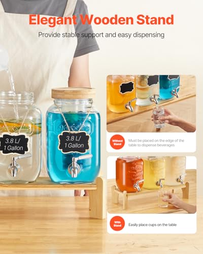 Image of VEVOR Beverage Dispenser, 3 Pack 1 Gallon Drink Dispensers for Parties, Glass Juice Dispenser with Wood Stand, Stainless Steel Spigot, Infuser, Iced Tea Lemonade Juice Water Dispensers for Parties