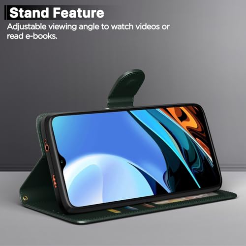 Image of Pikkme Flip Cover for Redmi 9 Power /Poco M3 Leather Finish | Inside TPU with Card Pockets | Wallet Stand and Shock Proof | Complete Protection Flip Case(Green)