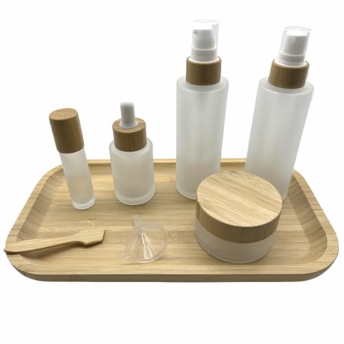 BEECO GIF2U Empty Refillable Frosted Glass Cosmetic Containers with Bamboo Cover - 5 Pack, Spray Bottle, Lotion Pump, Dropper, Roller and Cream Jar for Cosmetic Storage with Tray