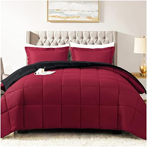 satisomnia Lightweight Comforter Set Twin XL Red, All Season Down Alternative Bed Comforter Set with 1 Pillow Sham, 2 Pieces Comforters Set Ultra Soft Reversible, Red and Black Twin / Twin XL Size