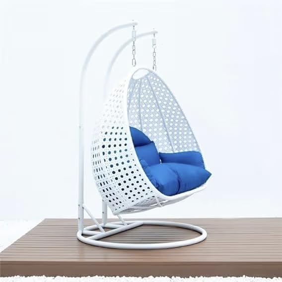 Image of Double Seater Hammock Swing Chair with Stand & Cushion | Heavy Duty Powder Coated Steel Frame | Outdoor Indoor Hanging Swing for Patio Balcony Garden Terrace Living Room (White-Blue)