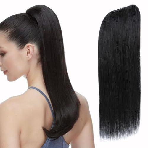 SEGOHAIR Claw Clip Ponytail Hair Extensions Human Hair, 16 Inch Ponytail Extension Natural Real Hair Straight Remy Hair Extensions-Jet Black(115g）