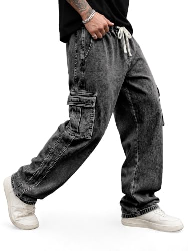 Image of JMIERR Men's Stretch Cargo Jeans Loose Straight | Over 60% Cotton Blend, Stretch Denim, Drawstring Waist, 5-Pocket Design, Loose Straight Fit, Casual Workwear Jeans