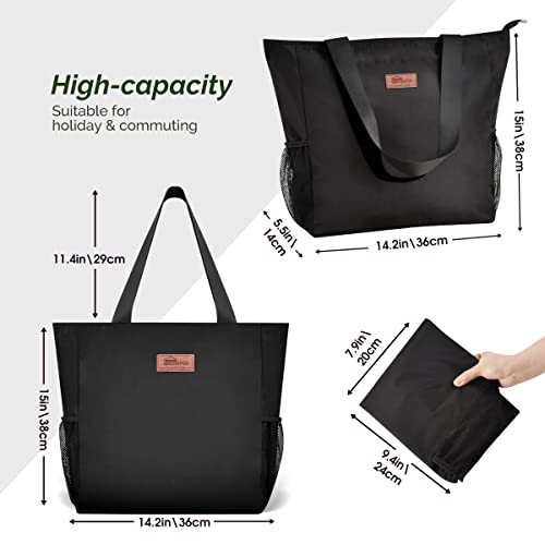 HOMESPON Große Wasserdichte Strandtasche mit Reißverschluss und Taschen für Damen (Schwarz)