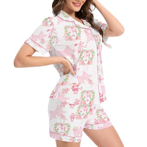 Image of Ammiko Womens Pajamas Set Y2k Loungewear Pajama Button Down Top and Shorts Monkey Beach Short Sleeve Sleepwear Preppy