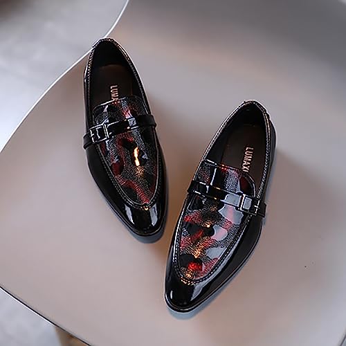 XinYiQu Sapato social casual Oxford clássico de couro sintético com cadarço para meninos, Preto, ver