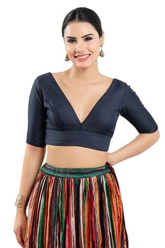 Image of Vamas Women's Silk Padded Self Design Half Sleeve Readymade Saree Blouse (X-1111.ELB)