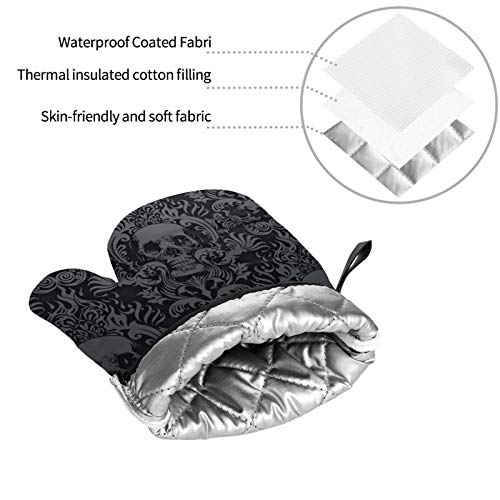 Victorian Gothic Black Skull Damask Oven Mitts And Pot Holders Sets Of 4,Resistant Hot Pads With Polyester Non-Slip Bbq Gloves For Kitchen,Cooking,Baking,Grilling #TOP6