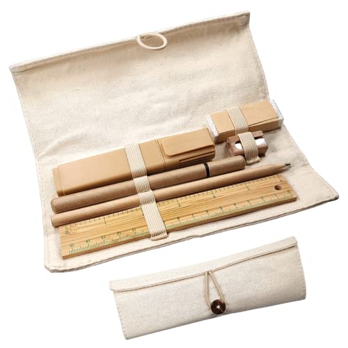 Juego de Escritura Eco, Kit de Escritura ecológico en Lino, cartón y bambú, con Estuche Enrollable, Juego de borrar: Regla, lápiz, bolígrafo, sacapuntas, Goma, Marcador, Lino y cartón