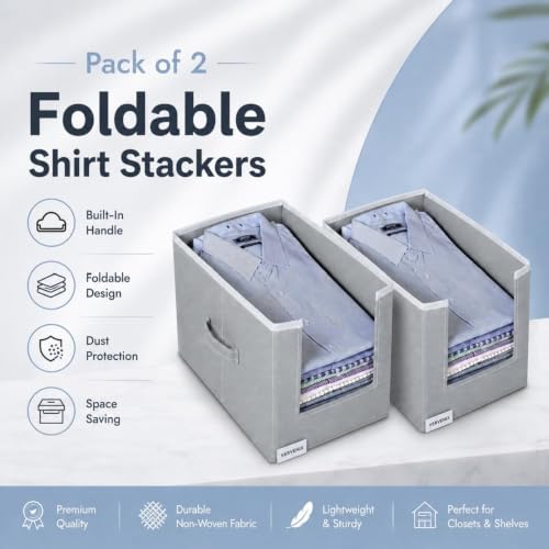 Image of VERVENIX Shirt Stacker Set of 2, Non Woven Foldable Clothes Storage Organizer with Handle, Wardrobe Closet Organizer, Space Saving Cloth Organizer for T-Shirts, Shirts, Jeans, Grey