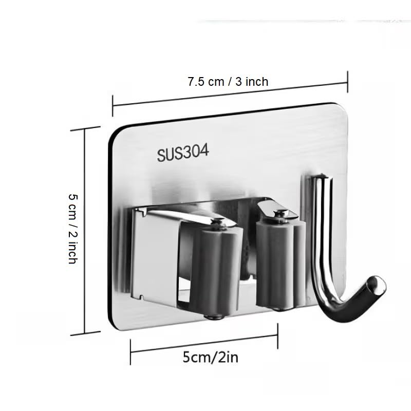 Image of Kmils Self Adhesive Mop Holder Wall Mount, Stainless Steel Broom Holder with Hook, No Drill Wall Organizer for Mop, Broom, Bathroom, Kitchen & Laundry Room (Silver, Pack of 2)