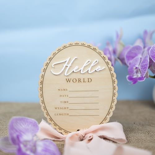TTMerriwood Baby Announcement Sign 6.5 Inch Wooden Hello World Newborn Welcome Sign Birth Name Plaques for Photo Props Shower Hospital Nursery (Pink) by TTMerriwood - Image 3