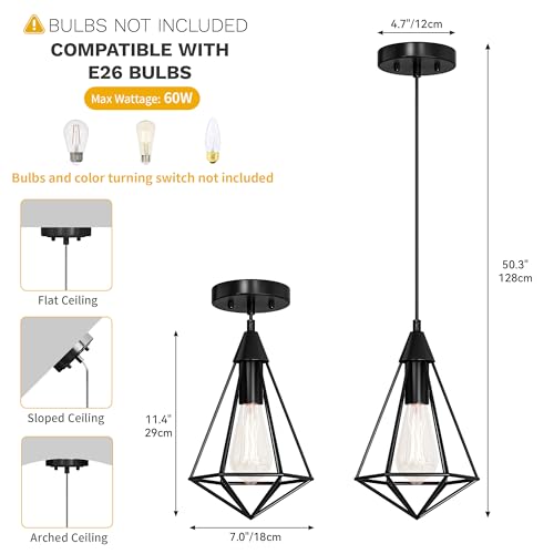DWVO Pendant Lights Fixture Kitchen Island 2 Pack Farmhouse Iron Cage Metal Line Hanging Ceiling Light with E26 Lamp Holder Suitable for Entrance, Dining Room, Hallway (Classic Black) by DWVO - Image 3
