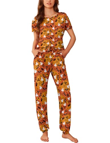 Image of Ekouaer Womens Pajama Sets Short Sleeve Lounge Sets for Women Printed Jogger Pajama Set 2 Piece Pj Sets With Pockets S-XXL