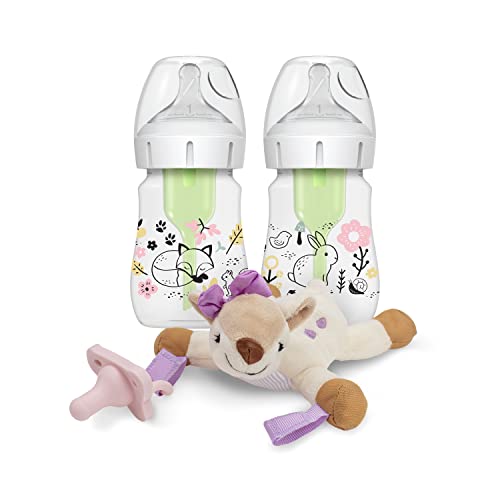 Image of Dr. Brown’s Natural Flow® Anti-Colic Options+™ Wide-Neck Baby Bottle, Woodland Design, 5 oz/150 mL, Level 1 Nipple, 2-Pack, 0m+ with Lovey Pacifier Holder with Silicone HappyPaci, Deer, 0-12m