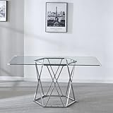 AXIOS 63 Inch Rectangle Glass Dining Table Tempered Glass Tabletop and Hexagonal Metal Base Design 63" Lx35.5 Wx30 H Modern Table Kitchen Table for 4-6 Home Kitchen, Dining Room (Silver)