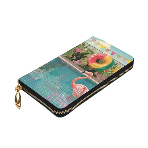 Women's Leather Wallet - Flamingo and swimming pool Prints Coin Purse Travel Card Holder Zipper Purse Cell Phone Handbag3