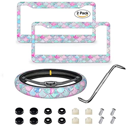 Mermaid Fish Wave License Plate Frame Personalized Car Tag Colorful Mermaid Steering Wheel Covers Fish Scale Bling License Plate Cover 2 Holes for US Standard Vehicles with Screw Caps Car Accessories