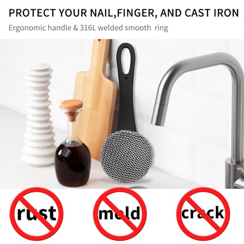 Image of Cast Iron Cleaner Scrubber with Long Handle- Welded Fine Chain Mail Scrubber Skillet Cleaning Kit- Metal Brush Chain Scrubbing Sponge to Clean Skillet, Stove, Griddle, Wok, Dutch Oven