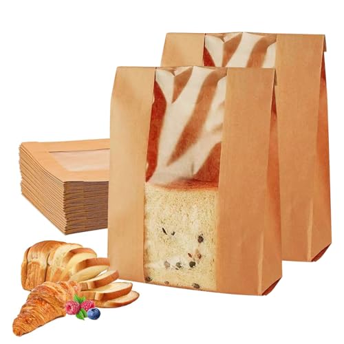 TICKLELY Sacos de papel Kraft de 50 peças - sacos de papel para pão com janela transparente - sacos castanhos para pão e manteiga - vem com adesivo de selagem