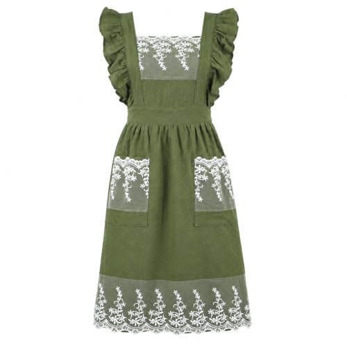 Aoomzoon Vintage Aprons for Woman with Pockets Cute Lace Ruffle Adjustable Apron for Cooking Kitchen Baking Gardening (Army Green)
