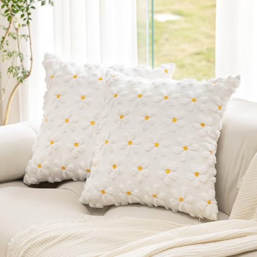 KIDHABE Spring Summer Pillow Covers 18x18 inch, Set of 2 Soft Faux Fur Jacquard Cream White Daisy Throw Pillow Cases for Sofa Couch Holiday Spring Home Decor