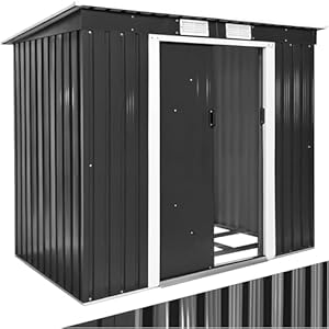 tectake® metalen tuinhuis met schuin dak, tuingereedschapsschuur met schuifdeur, gereedschapsschuur met metalen fundering, als tuinhuis, tuinhuis of fietsengarage, 4 m³ opslagruimte – grijs/wit